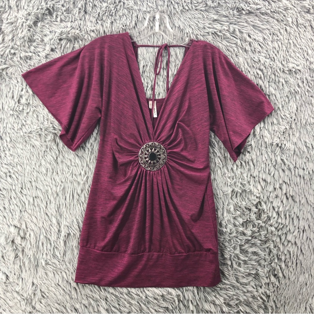 Studio Y Blouse Womens Small Vneck Pendant Purple Tie Back Top
